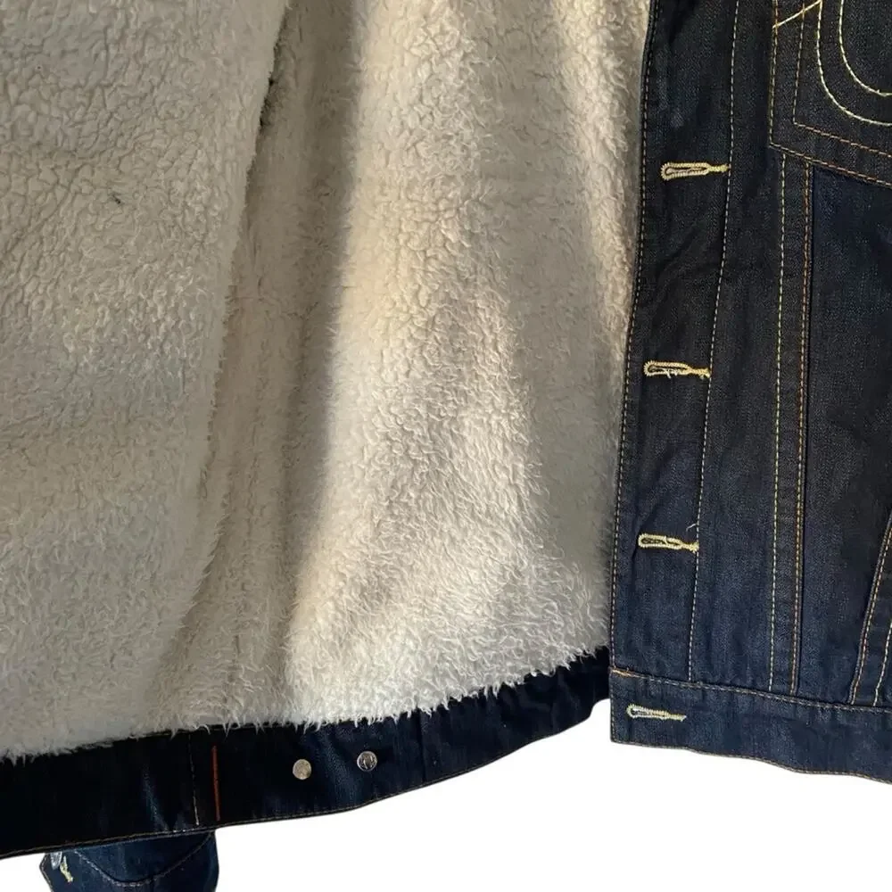 True Religion Dark Denim Blue Jean  Sherpa Trucker Jacket size large